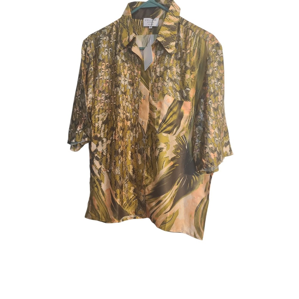 Collina Strada 100% Silk Short Sleeve Button Down Shirt Blouse Size XS